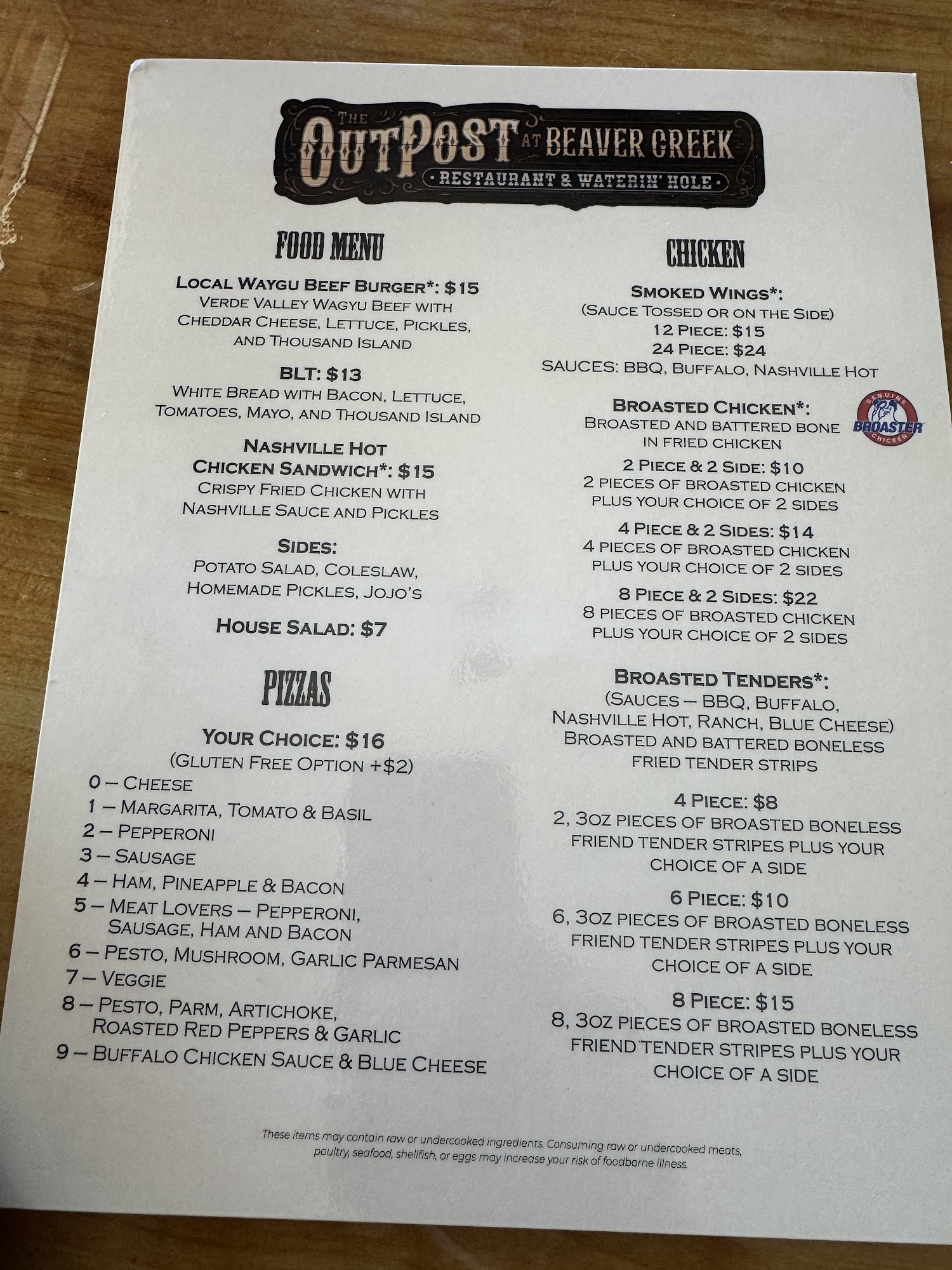 The OutPost @ Beaver Creek Menu