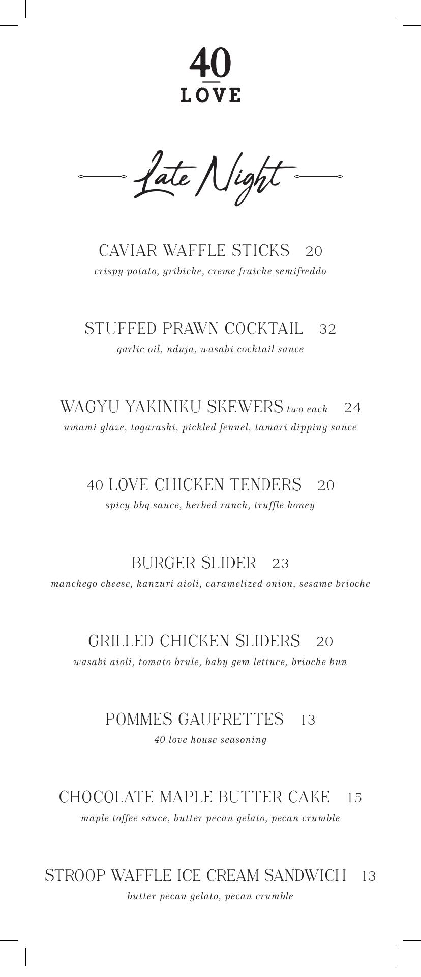 40 Love Menu