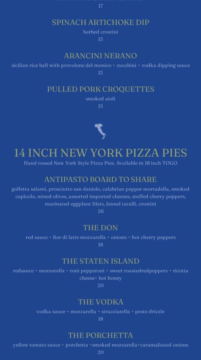 Patricia's Pizza Menu