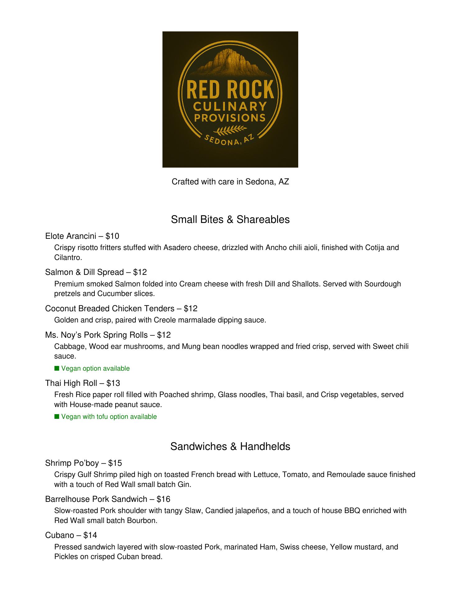 Red Rock Culinary Provisions Menu