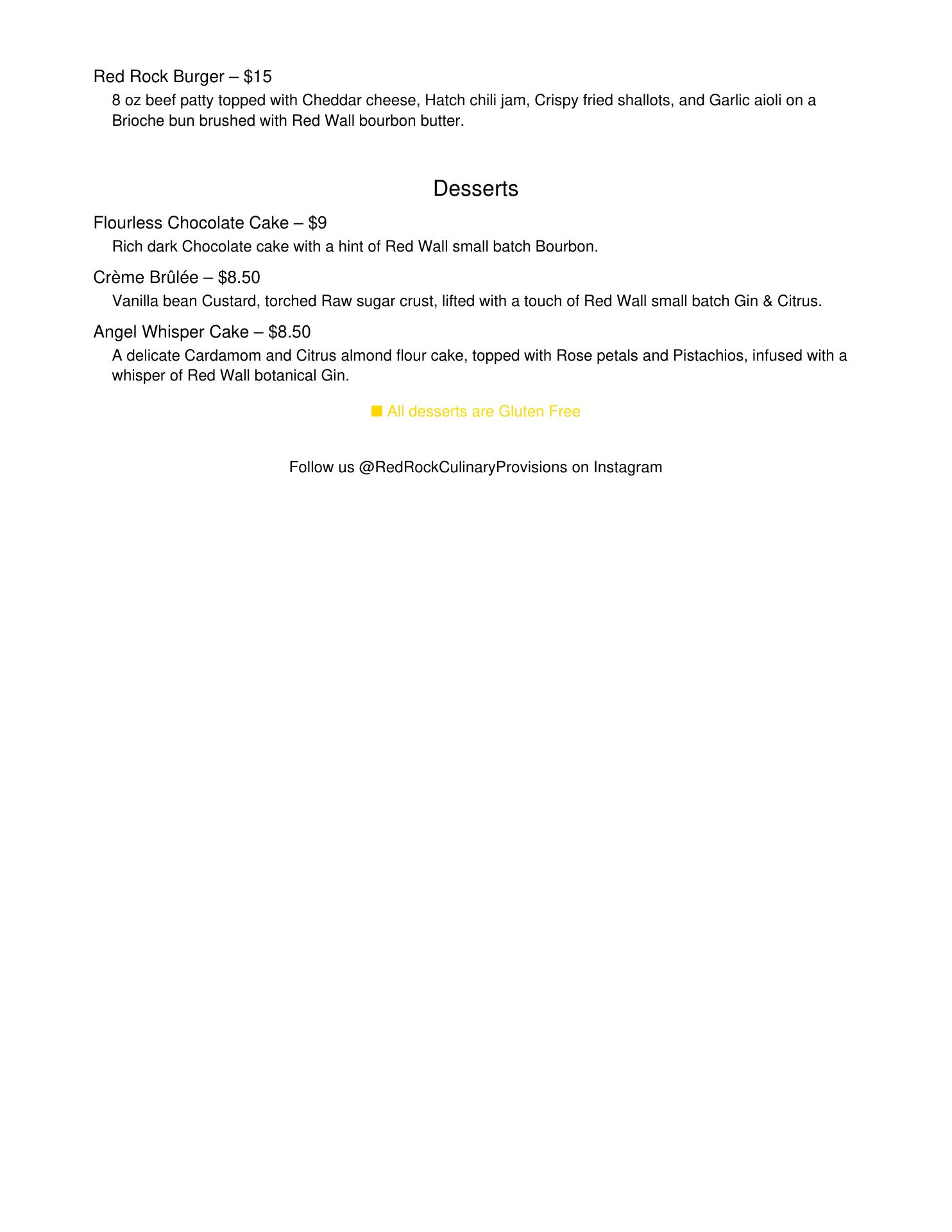 Red Rock Culinary Provisions Menu