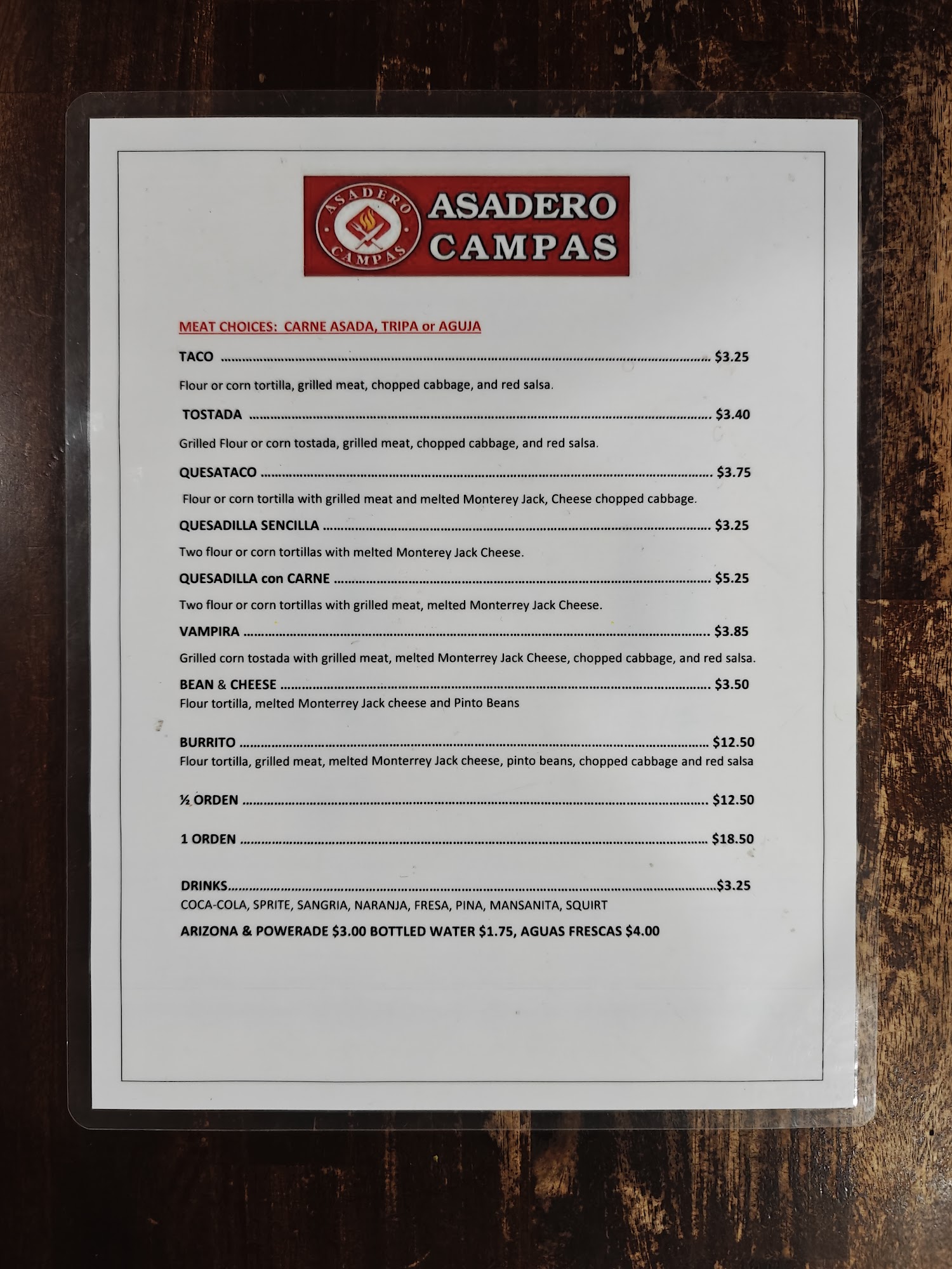Asadero Campas Menu