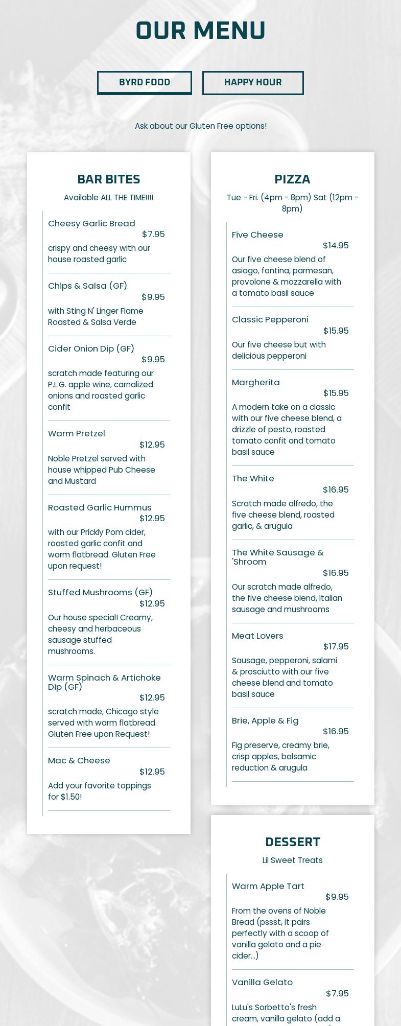 Six Byrd Cider Production Facility Menu