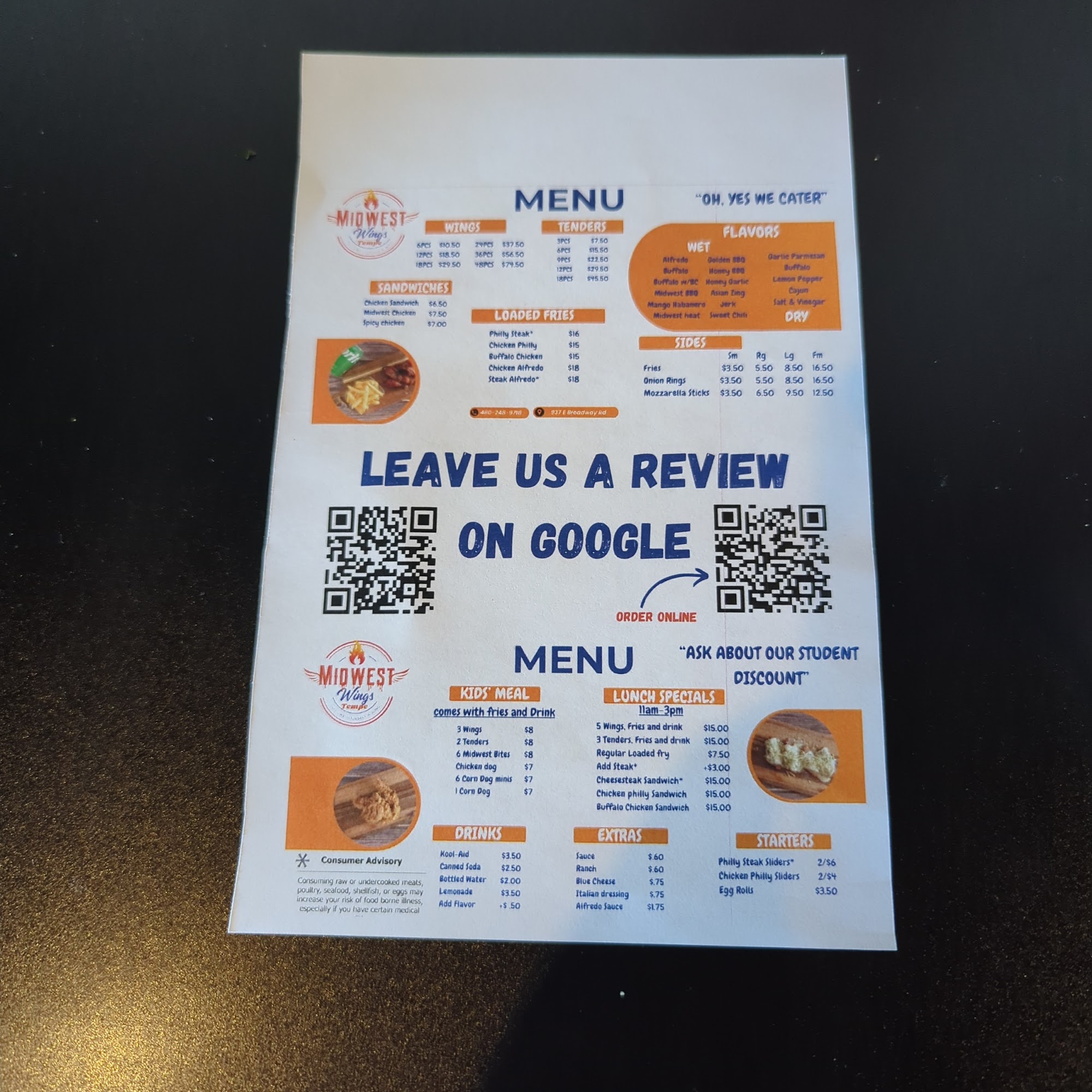 Midwest Wings Tempe Menu
