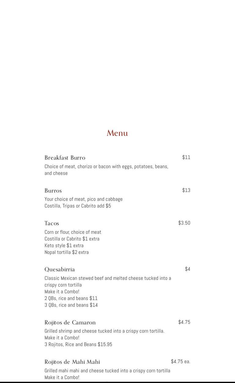 El Taco Rústico Menu