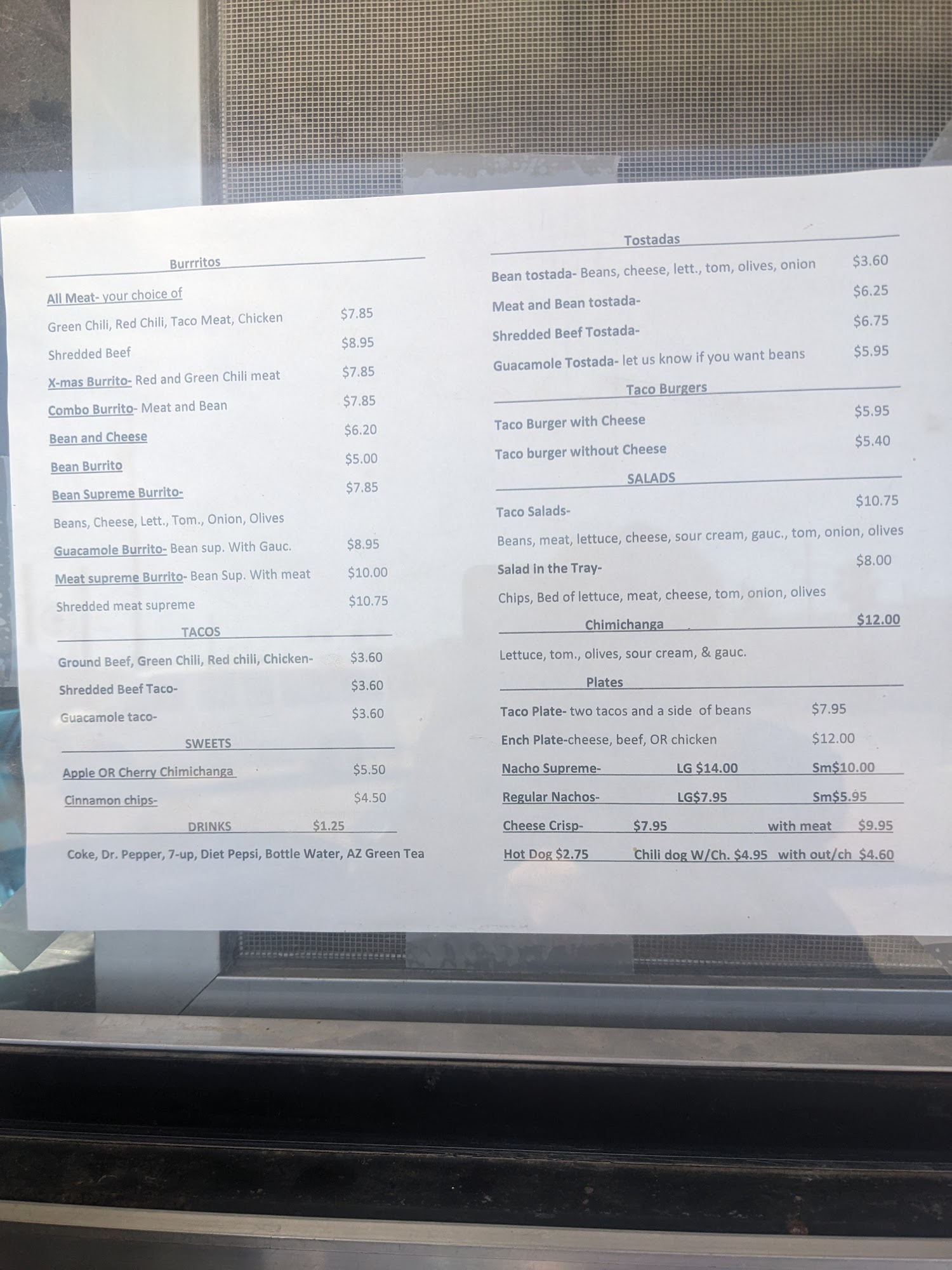 The Original El Taco Menu