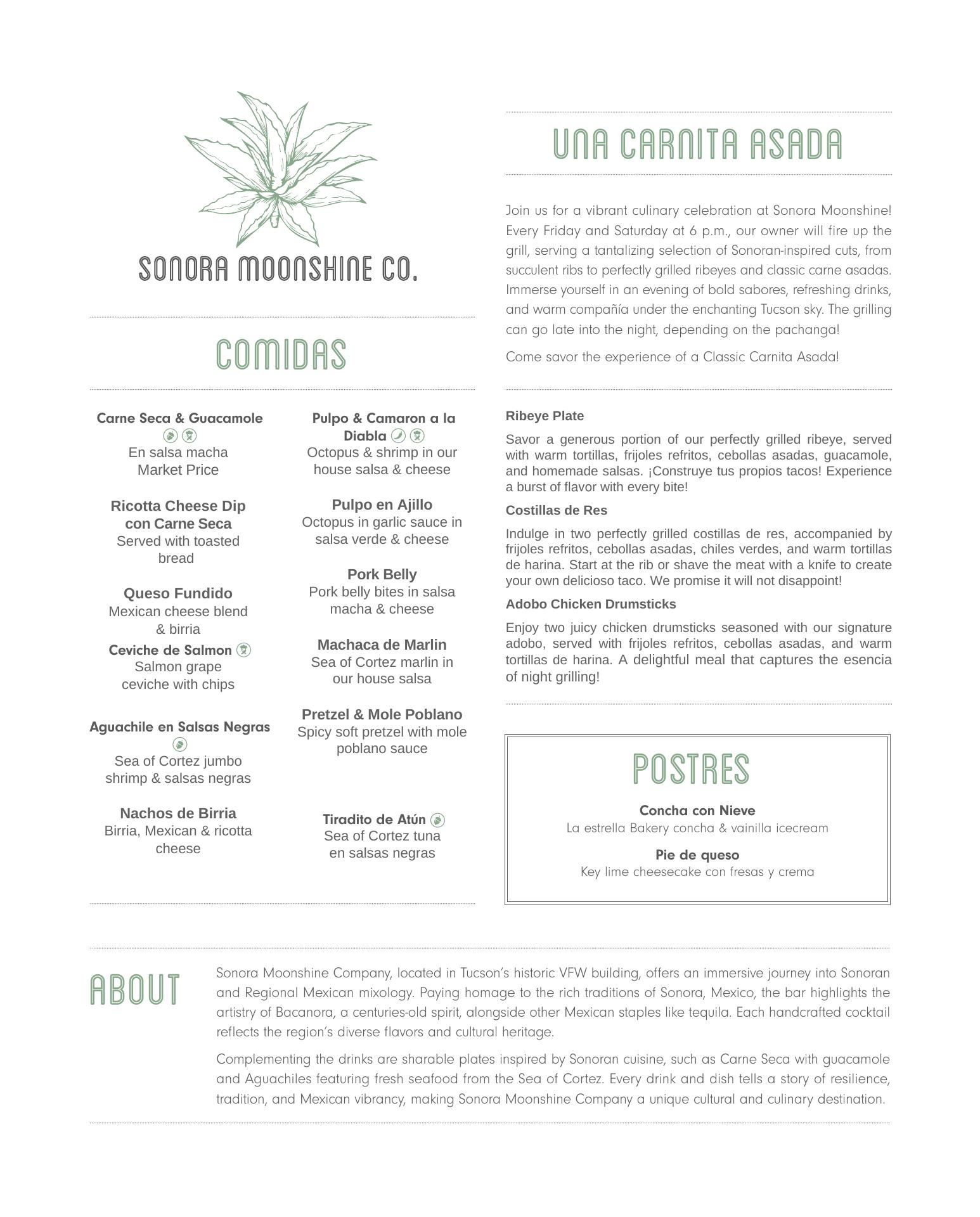 Sonora Moonshine Company Menu