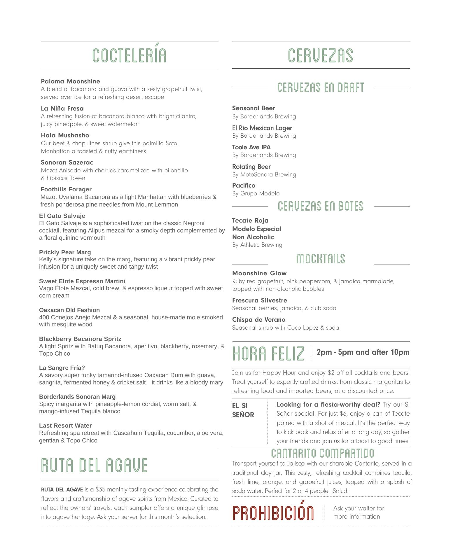 Sonora Moonshine Company Menu