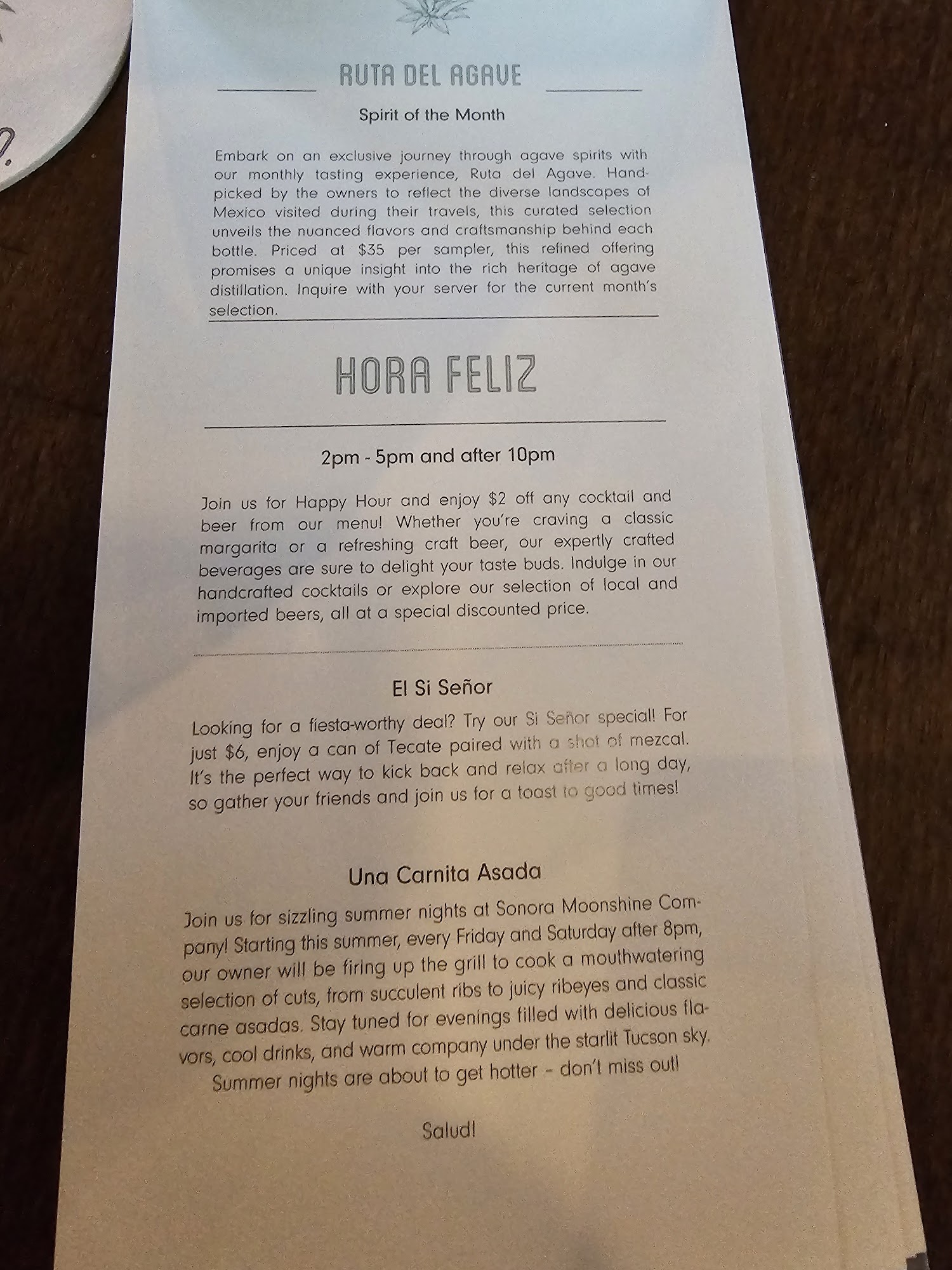 Sonora Moonshine Company Menu