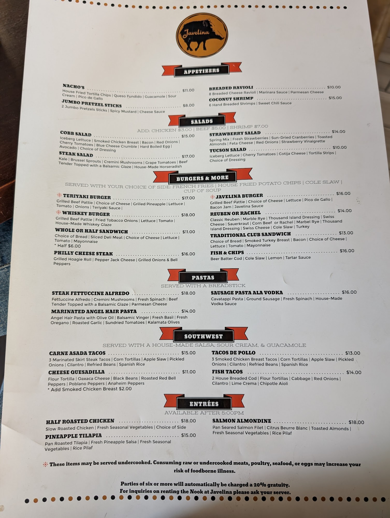Javelina Menu