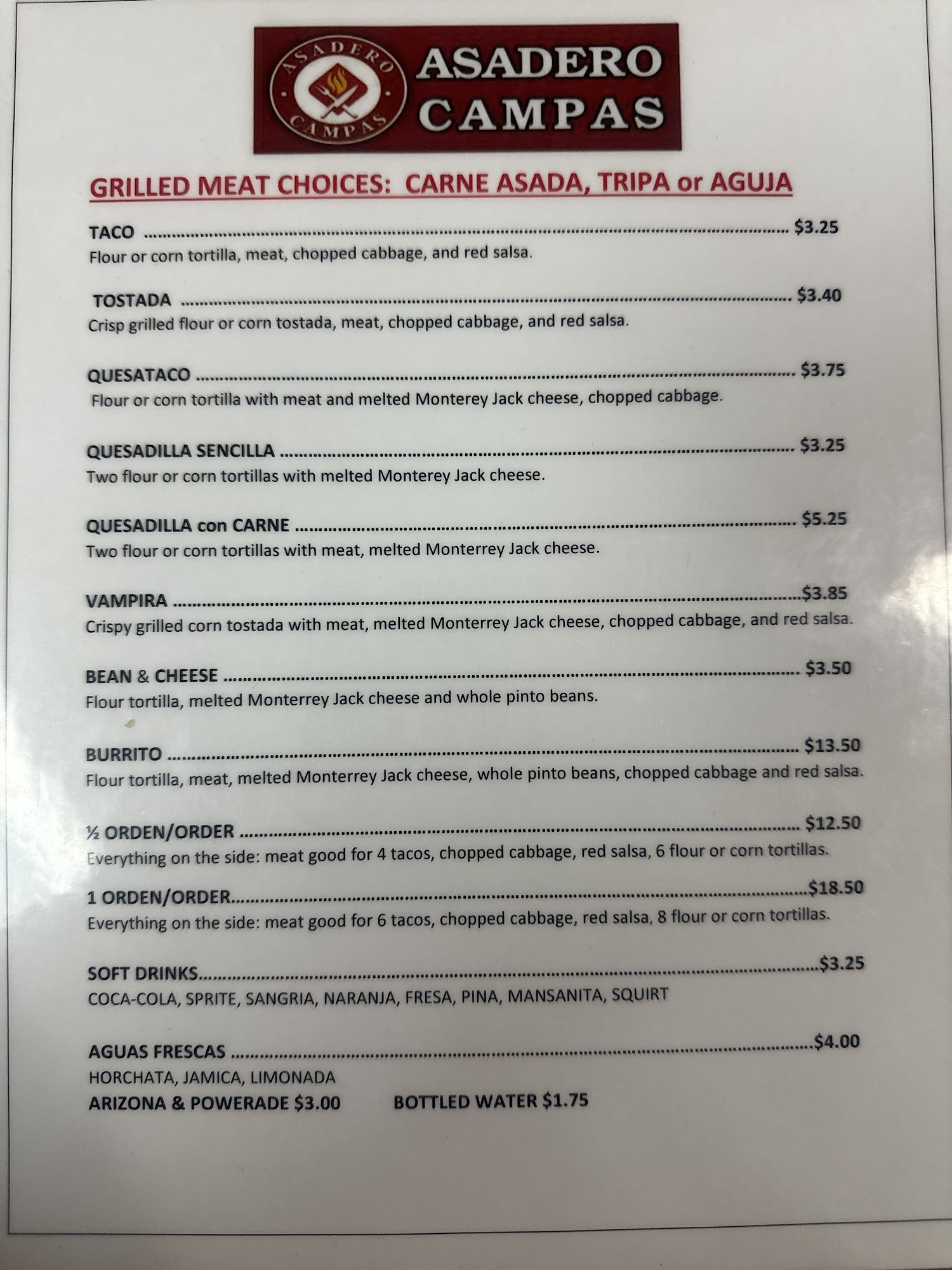 Campas taco shop Menu