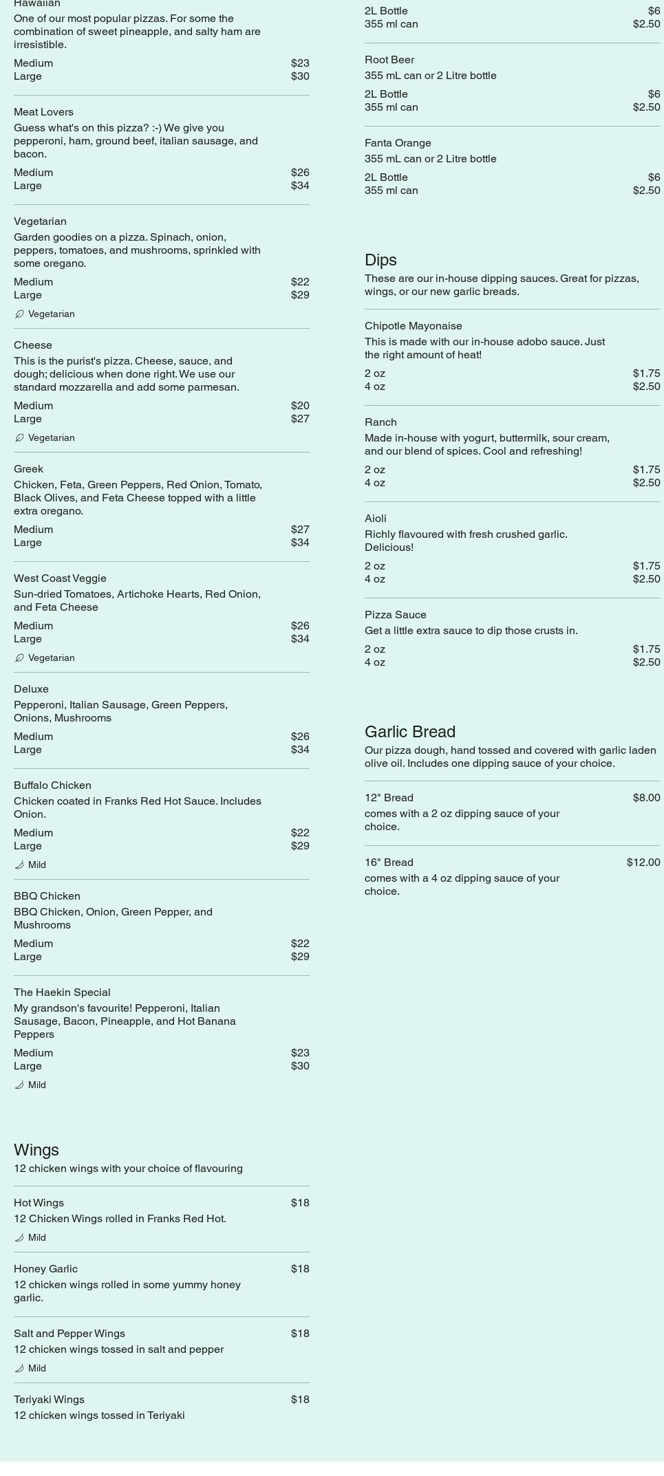 Alert Bay Pizza Menu