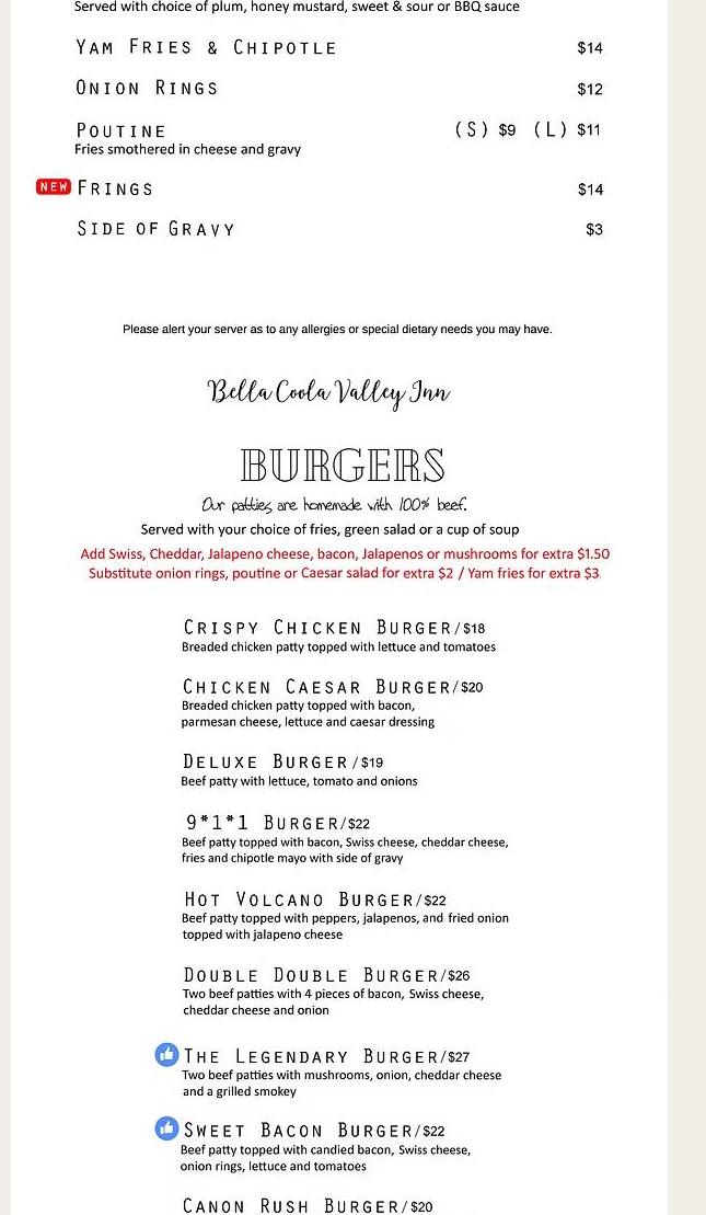 Bella Coola Valley Inn Menu