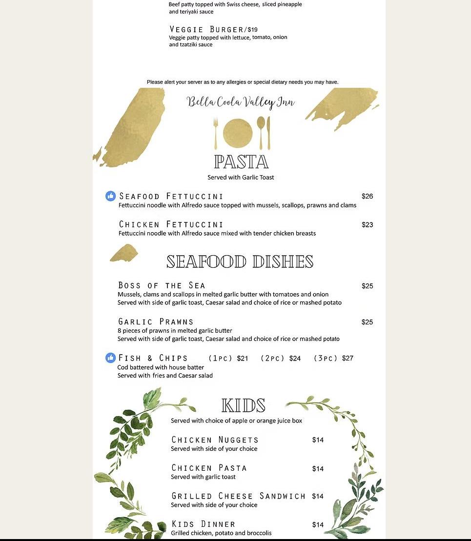 Bella Coola Valley Inn Menu