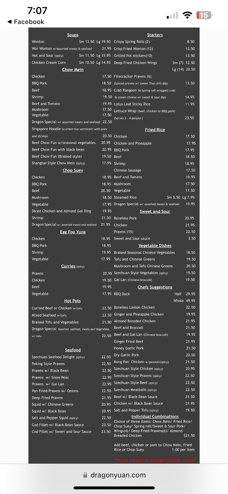 Dragon Yuan Restaurant Menu