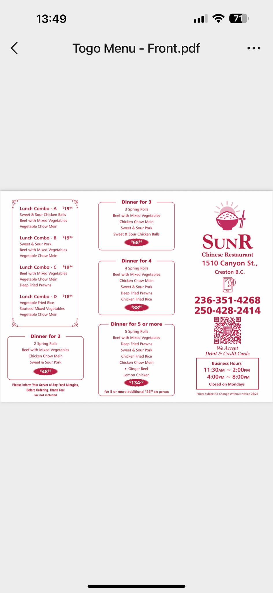 Sun R Restaurant Menu