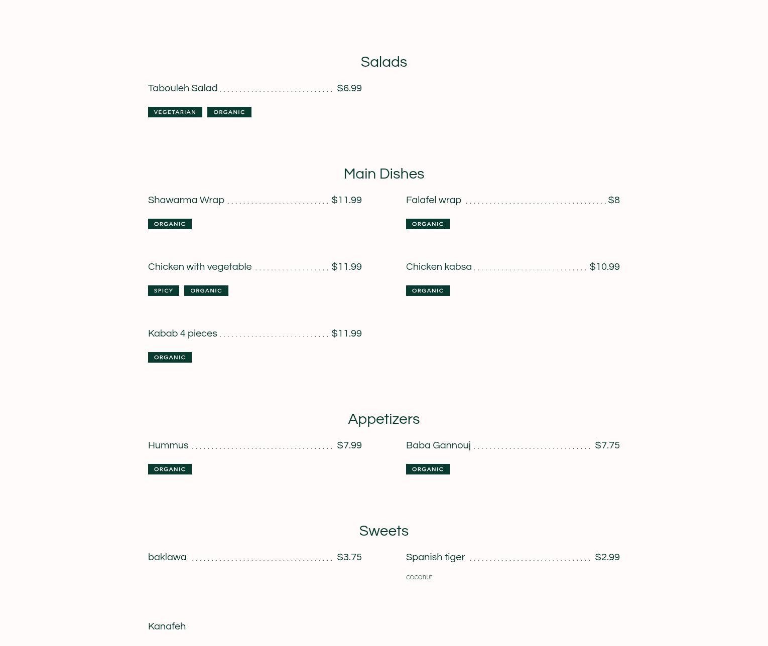 Peace restaurant Menu