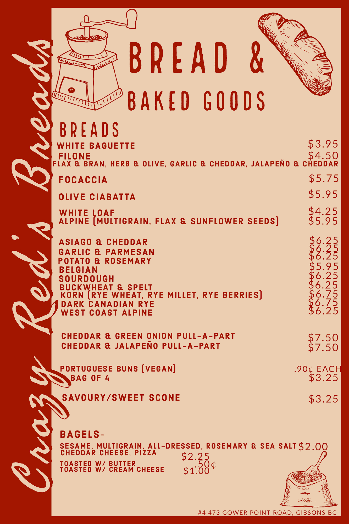 Crazy Red's Breads Menu