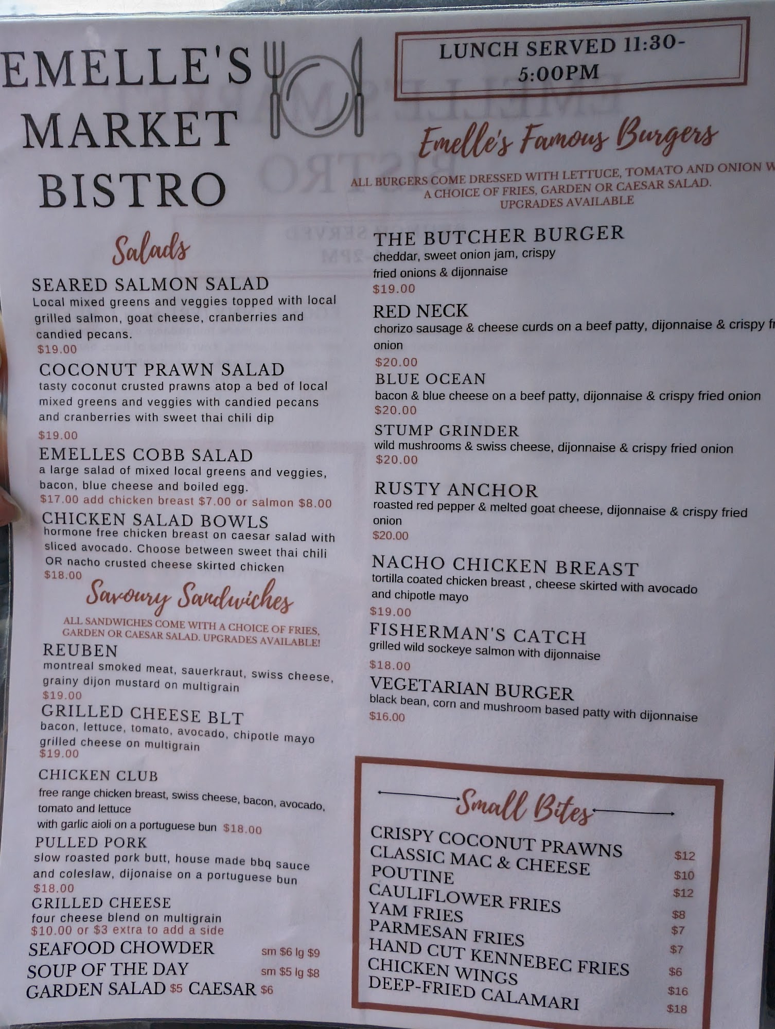 Emelle's Bistro Menu