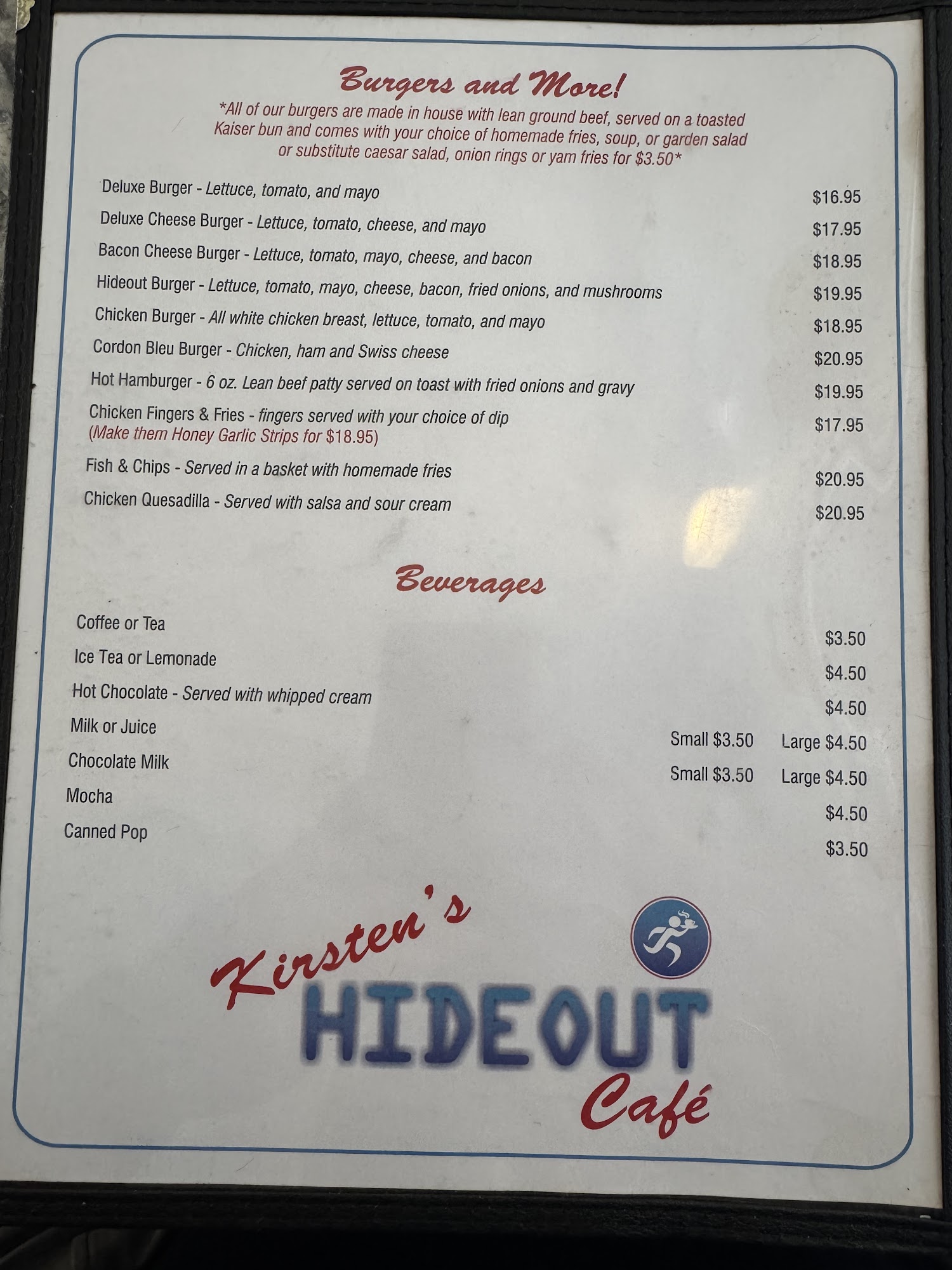 Kirstens Hideout Café Menu