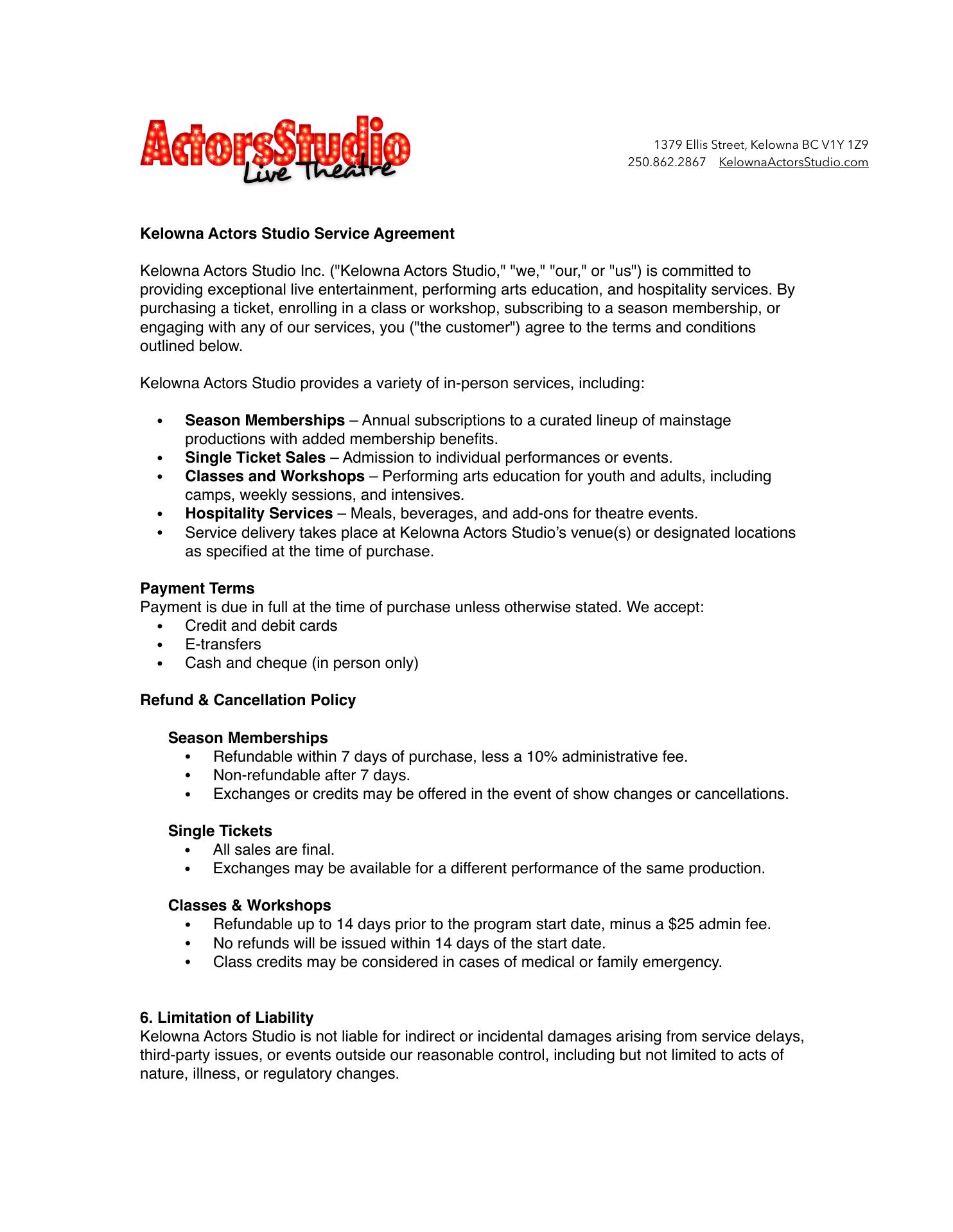 Kelowna Actors Studio Menu