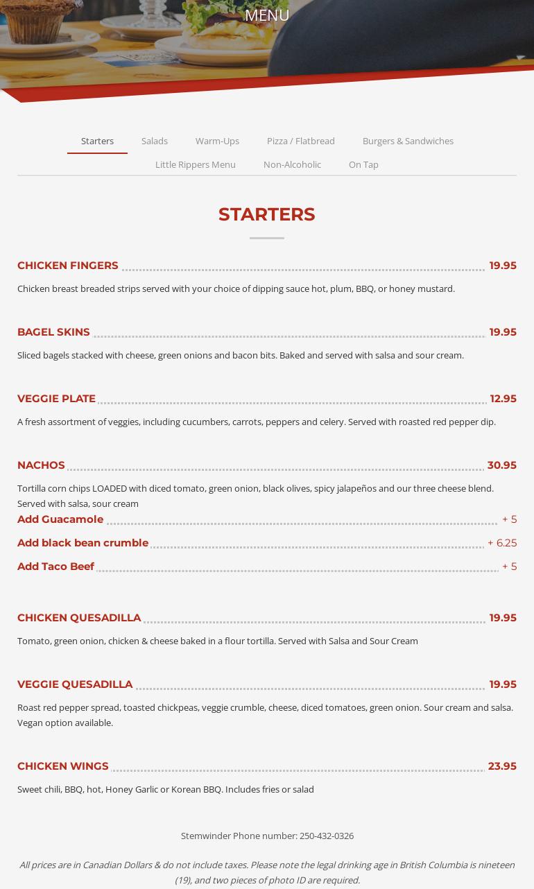 Stemwinder Bar & Grill Menu