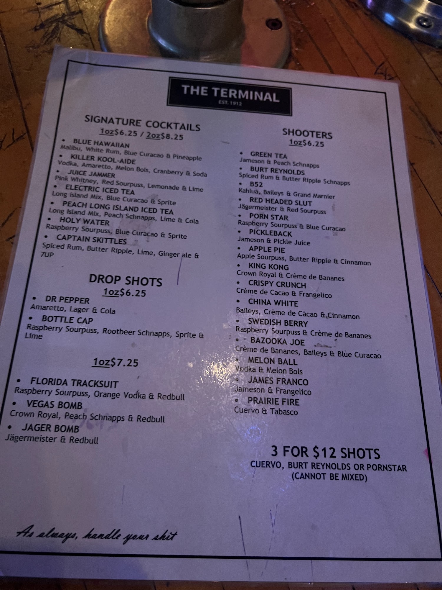 The Terminal Bar Nanaimo Menu