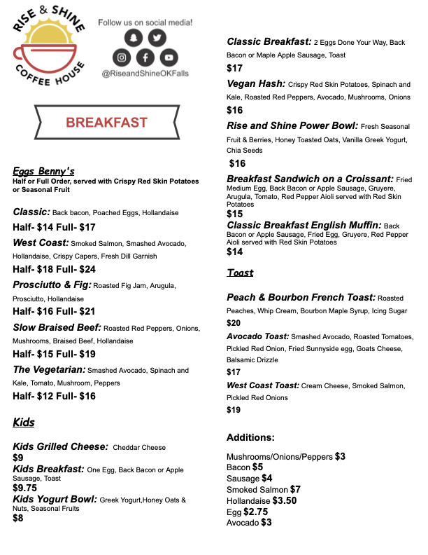 Rise and Shine Coffee House Menu
