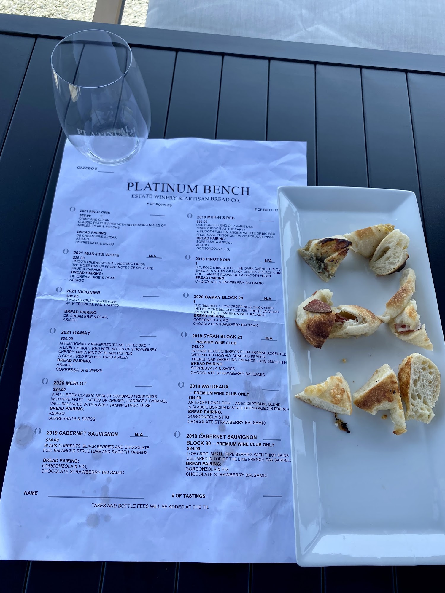 Platinum Bench Estate Winery & Artisan Bread Co. Menu