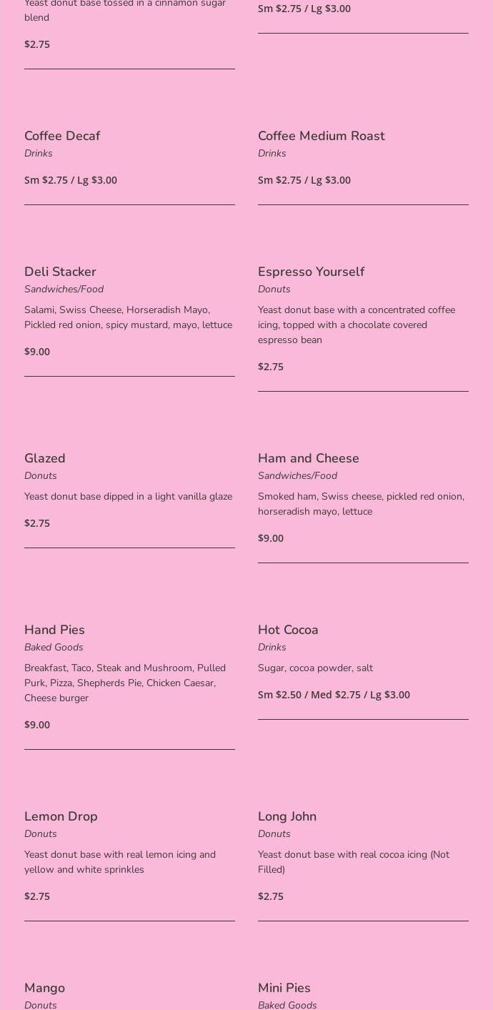 Daydream Donuts Menu