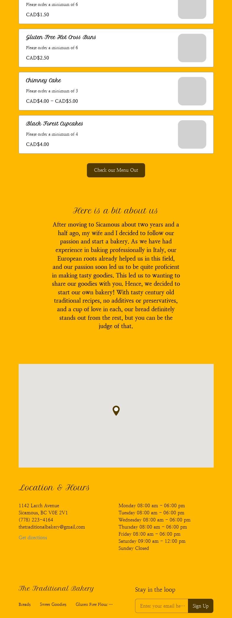 The Traditional Bakery Menu