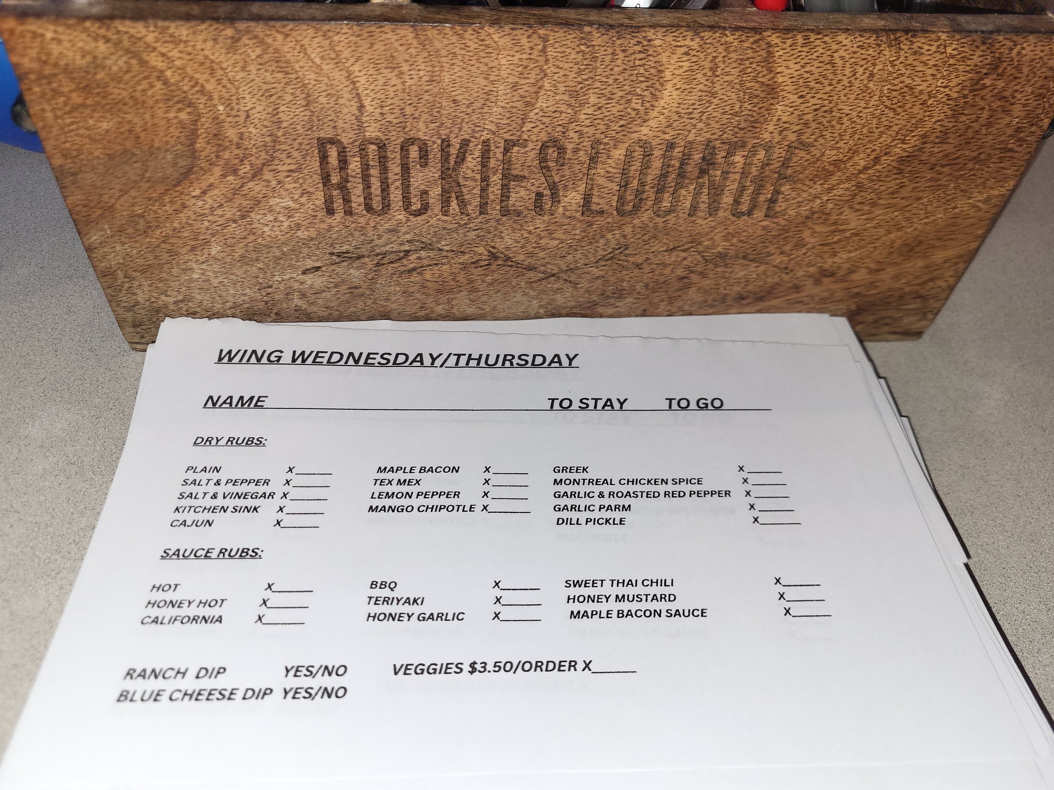 Rockies Lounge Menu