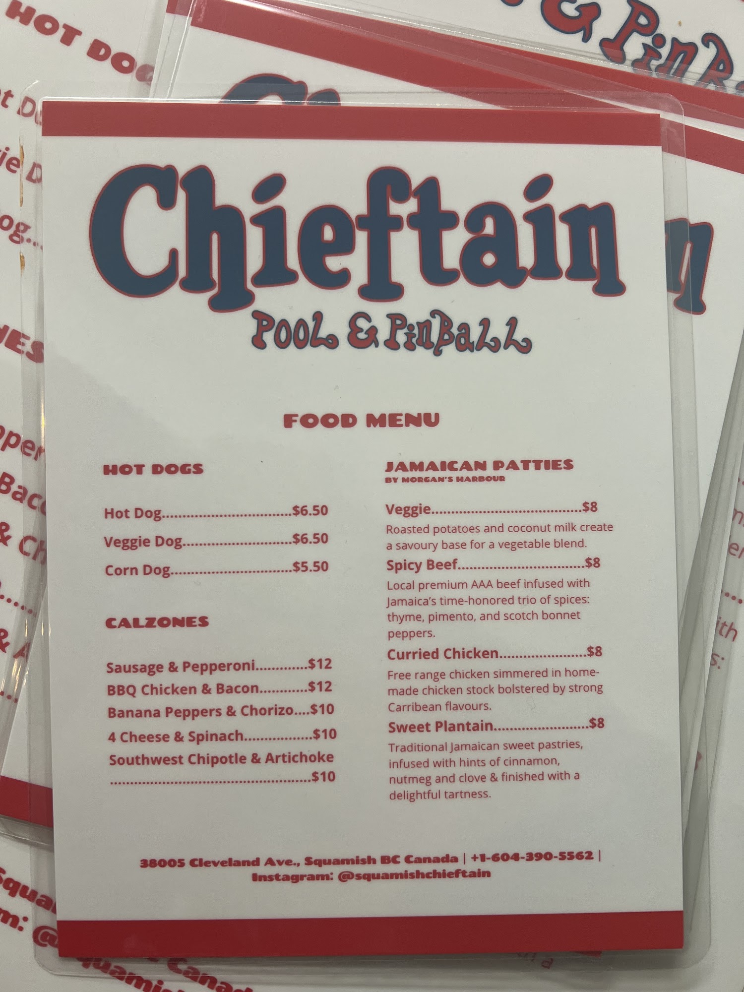 Chieftain Pool & Pinball Menu