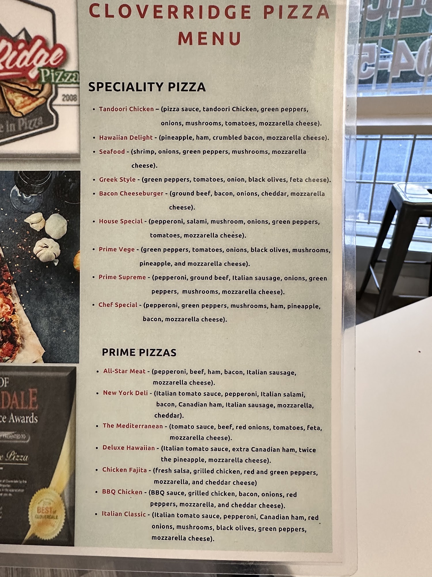 Clover Ridge Pizza Menu