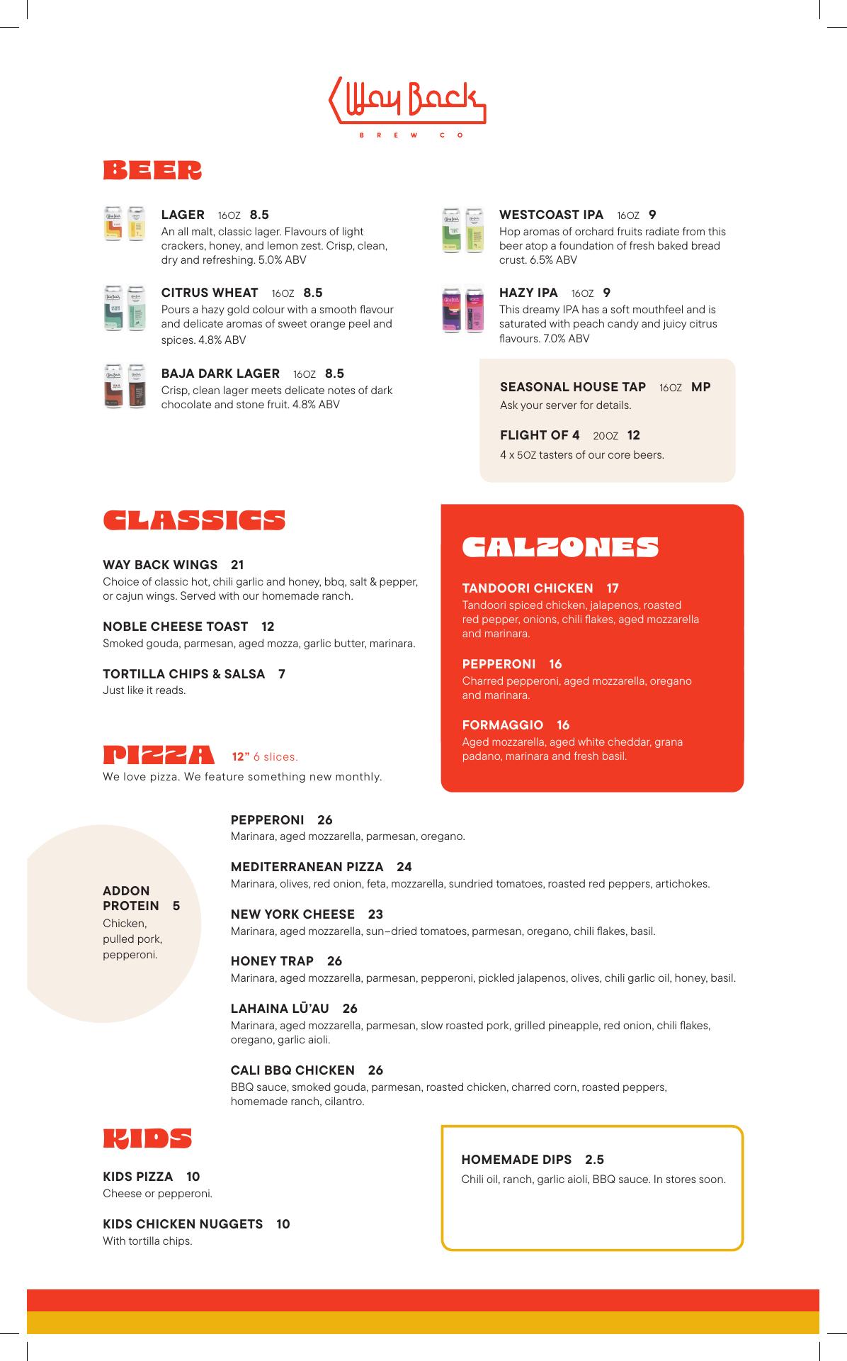 Way Back Brew Co. Menu