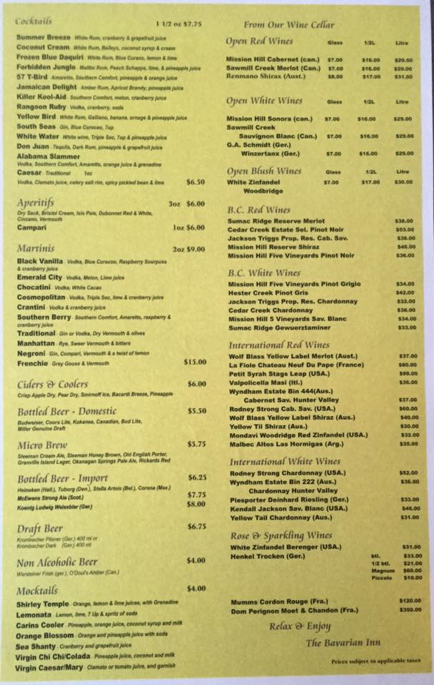 Bavarian Inn Menu