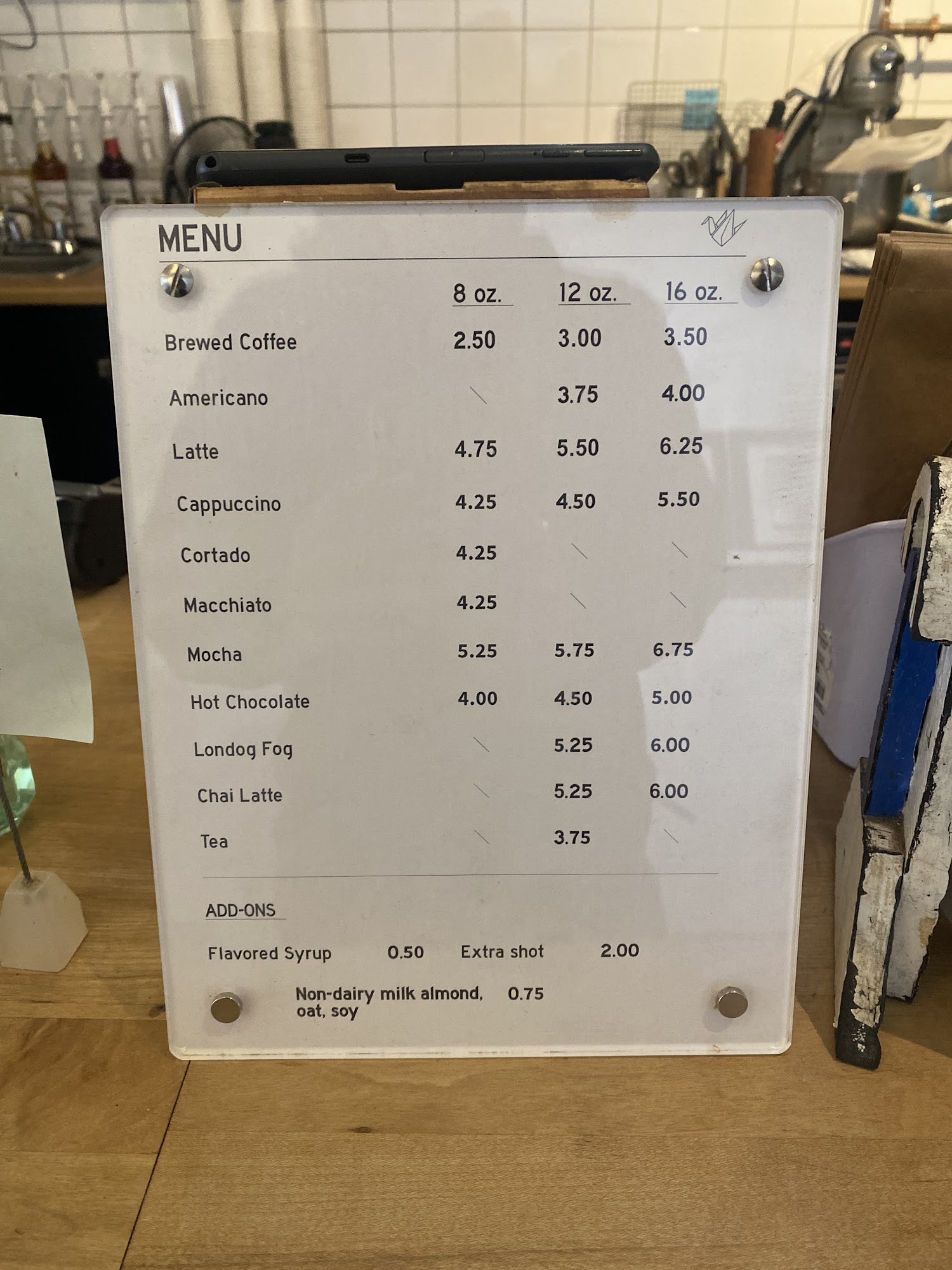 Paper Crane Cafe Menu