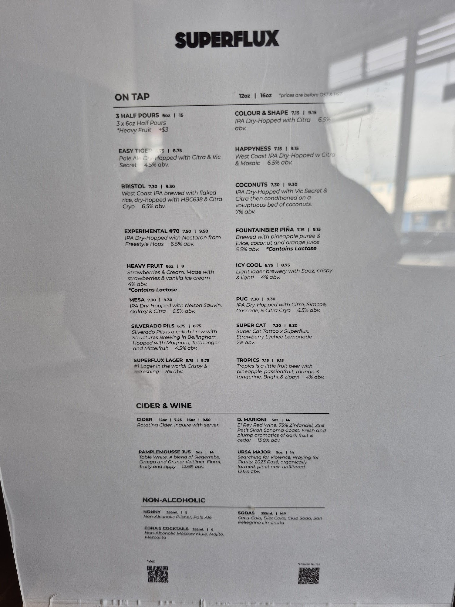 Superflux Beer Company Menu