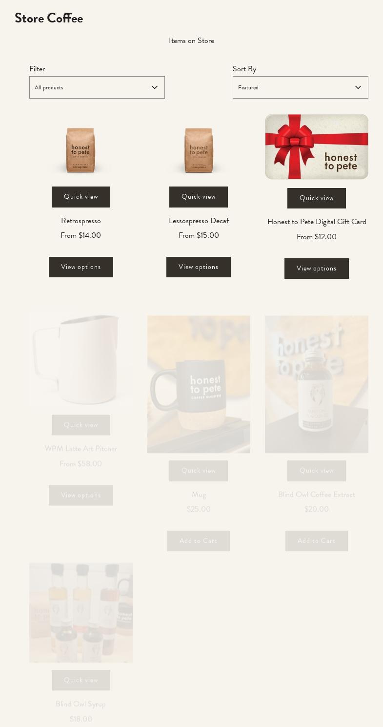 Honest to Pete Coffee Roasters Menu