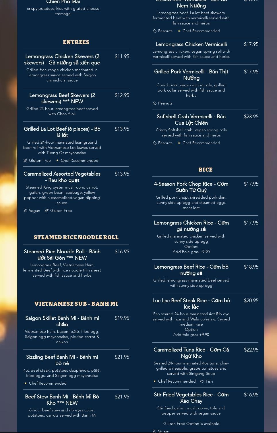 The Saigonville Restaurant Menu