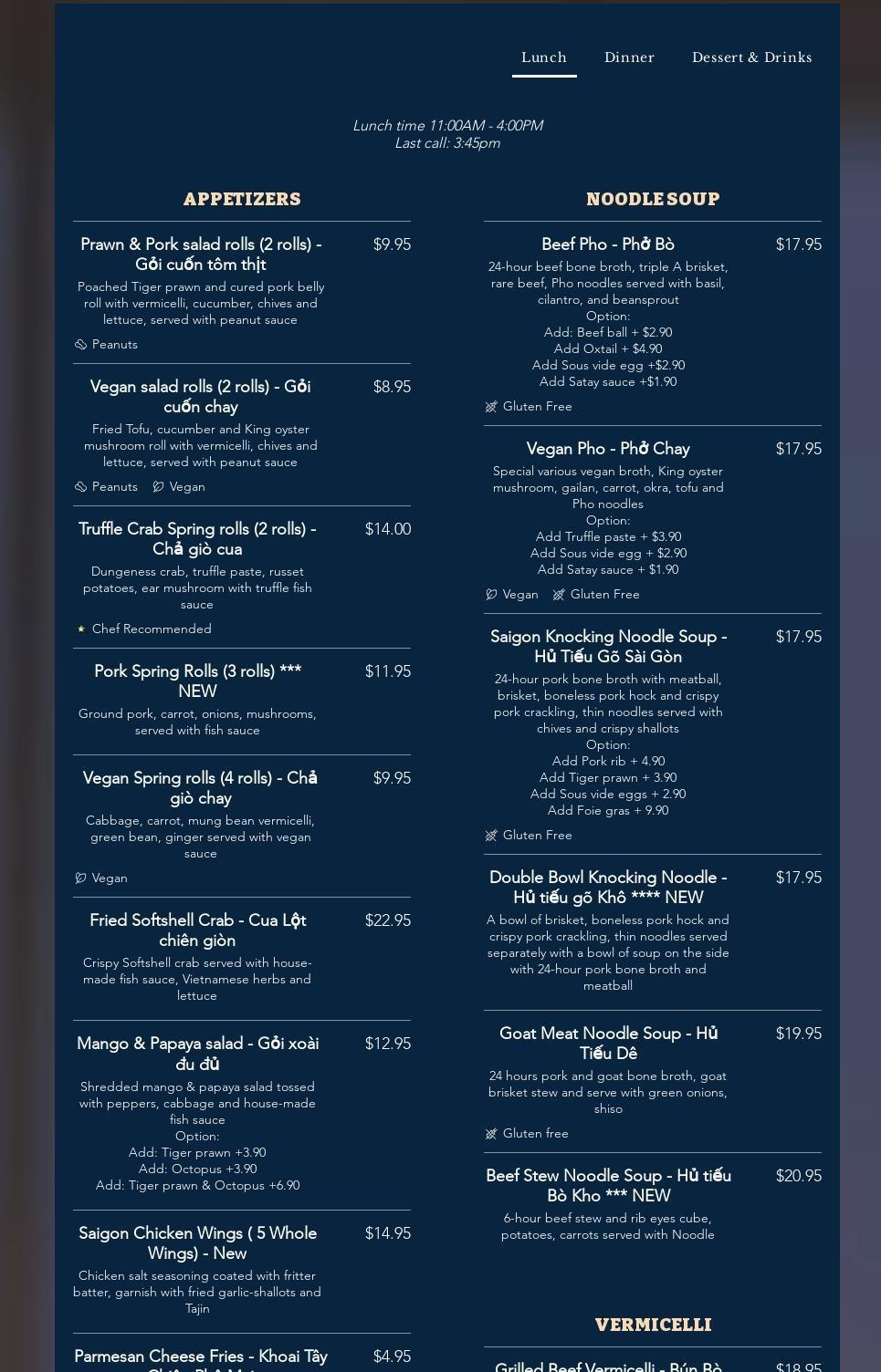 The Saigonville Restaurant Menu