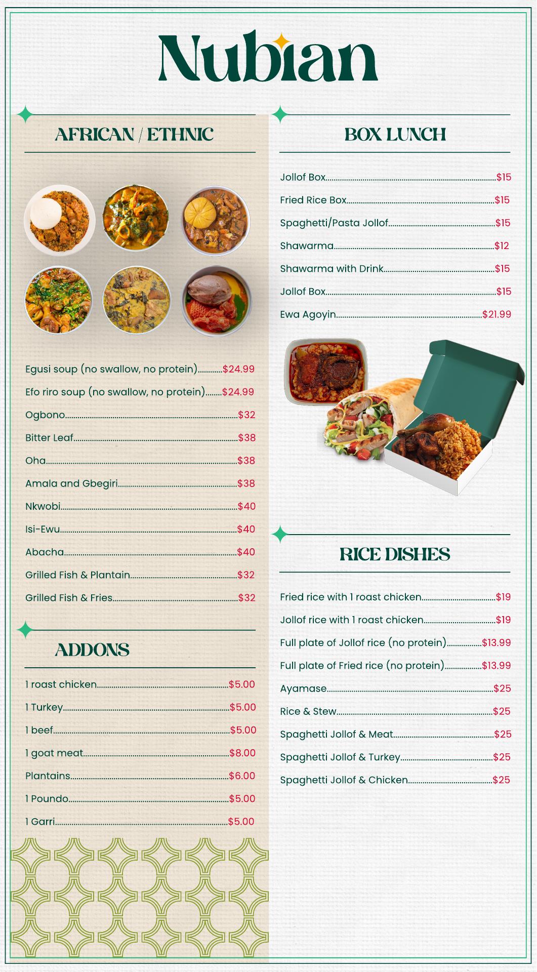 Nubian Delicacies Menu