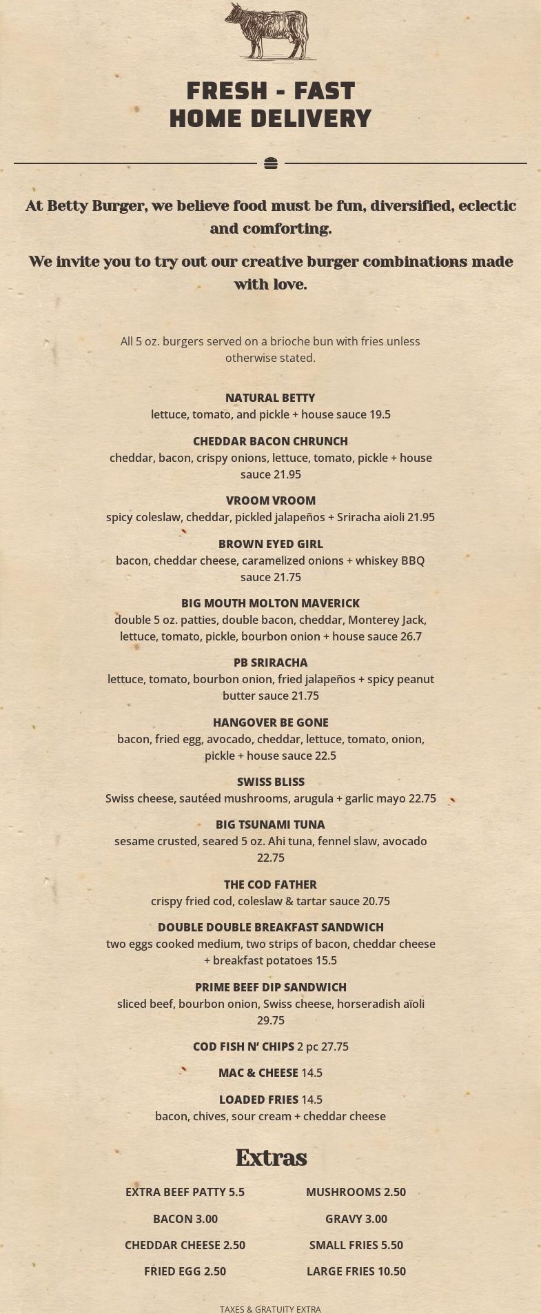 Betty Burger Menu