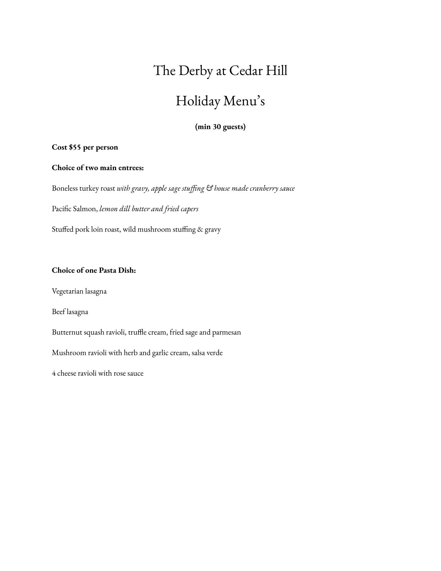 The Derby at Cedar Hill Menu