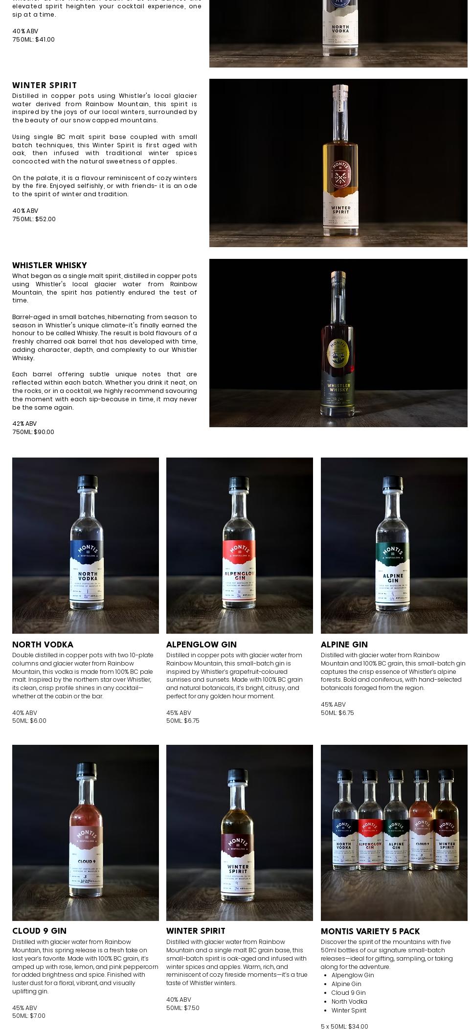 Montis Distilling Menu