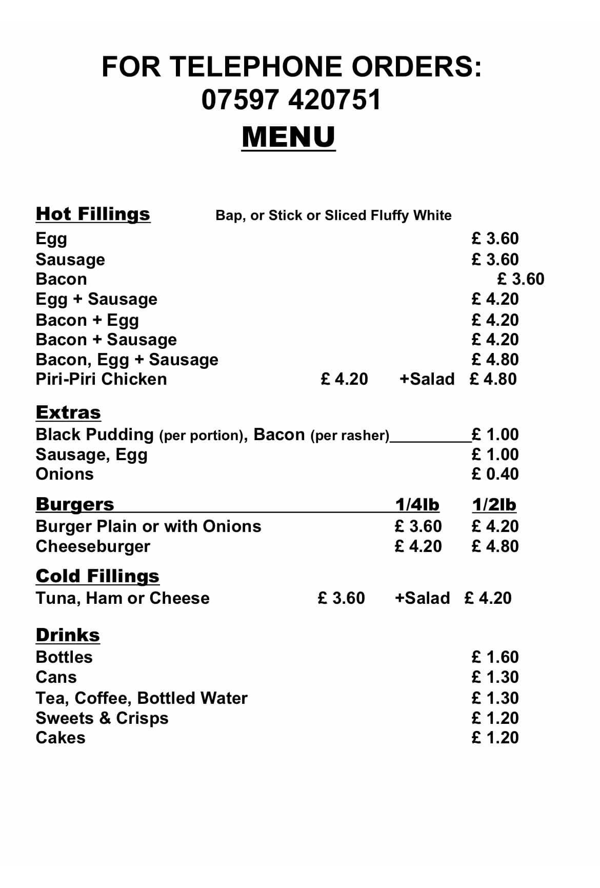 Dave's Snax Menu
