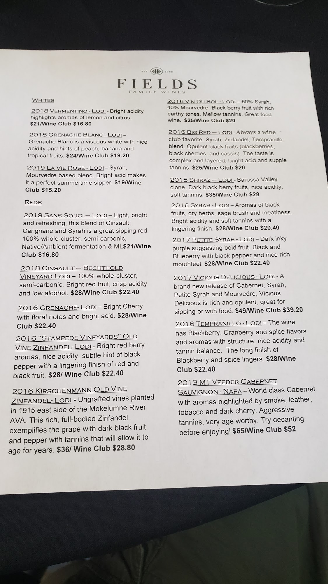 Fields Family Wines Menu