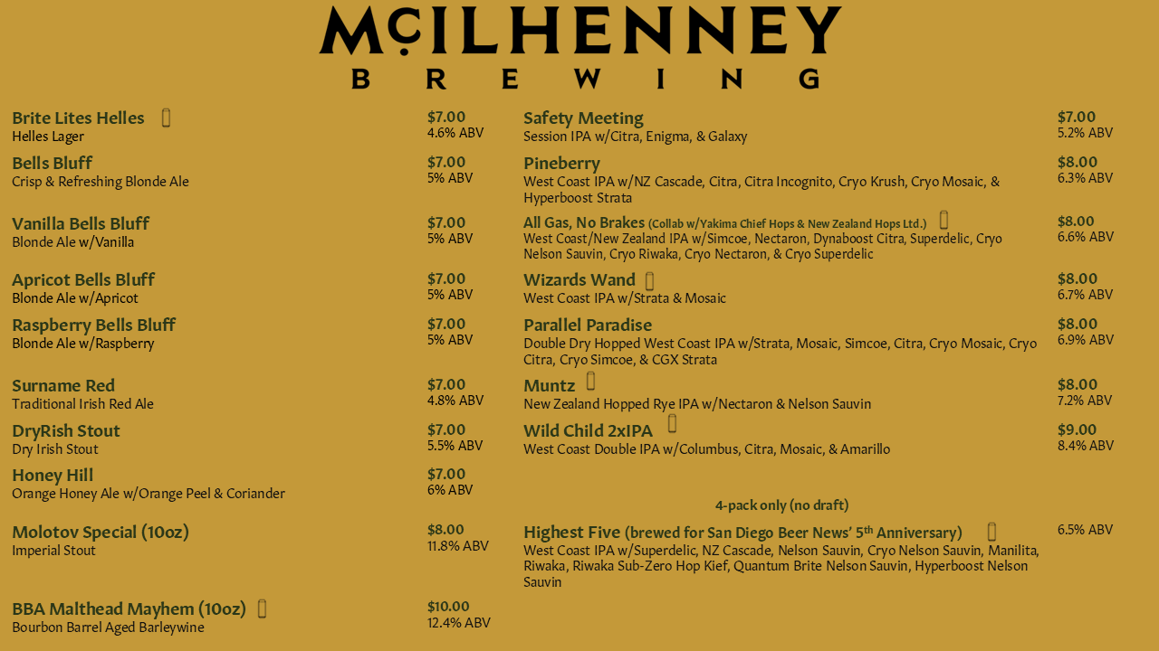 Mcilhenney Brewing Co. Menu
