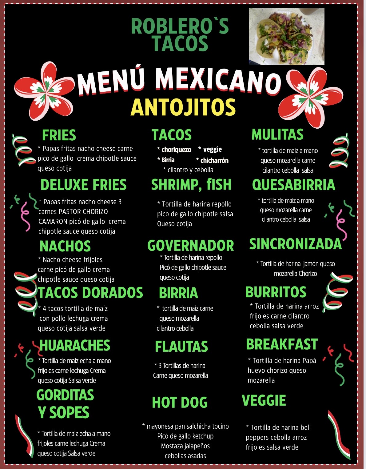 Richys tacos Menu