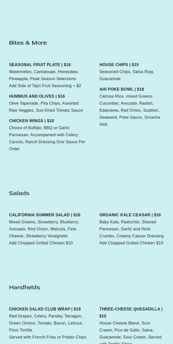 Bella’s Splash Pool Bar Menu